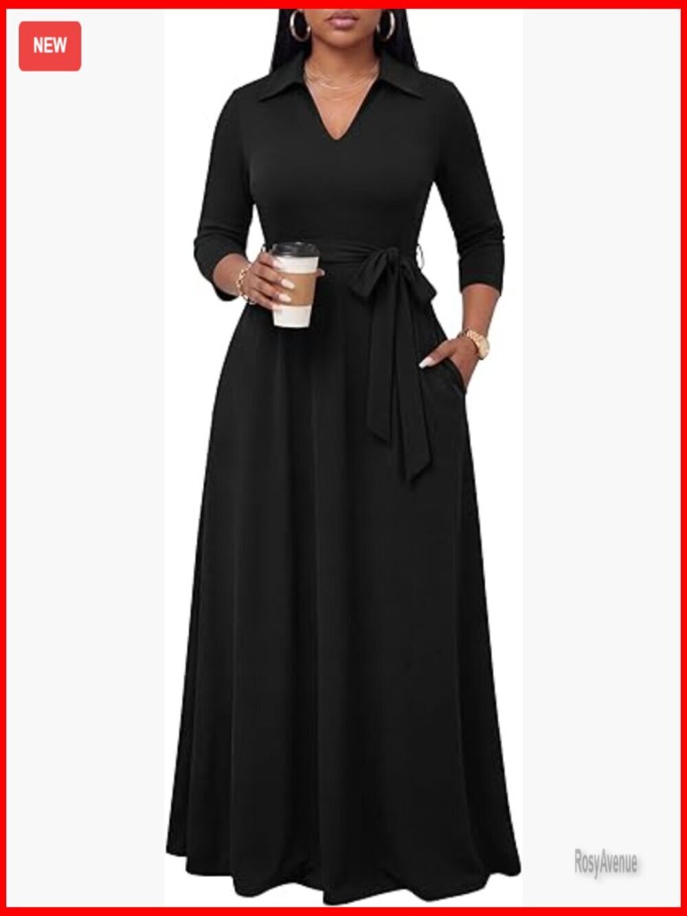 Maxi Dress V Neck 3/4 Sleeve Fit & Flare Semi Formal Casual - Picture 1 of 7